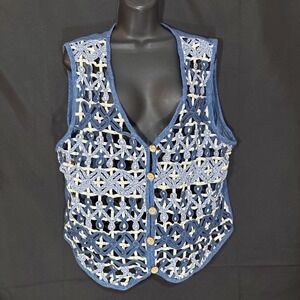 VTG Womens 1X Blue Denim Crochet Vest V Neck Button Front Sleeveless